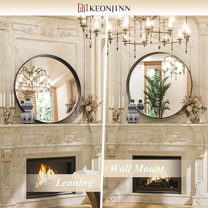 Keonjinn Black Round Mirror 36 Inch, Brushed Black Framed Circle Mirror for Bathroom, Aluminum Alloy Metal Frame, Modern Farmhouse Decorative Wall Mirror for Entryway, Living Room