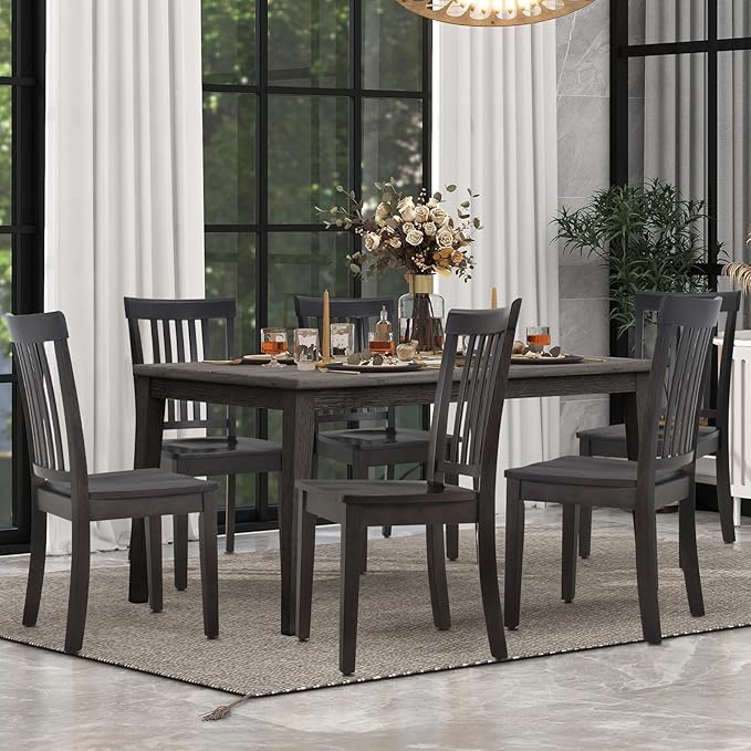 COLAMY Wooden Dining Chairs Set of 6, Spindle High Back Windsor Kitchen Side Chair, Farmhouse Dining Chairs for Kitchen and Dining Room, Dark Brown
