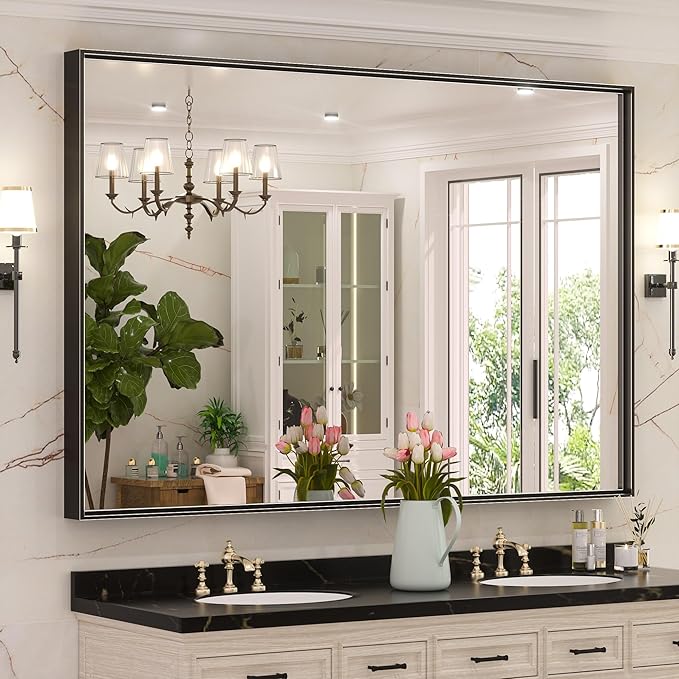 Keonjinn Black Mirror for Bathroom 60 x 40 Inch Rectangular Wall Mirror Large Matte Black Vanity Mirror Metal Frame Rectangle Farmhouse Mirror, Modern Square Corner Framed Mirror(Horizontal/Vertical)