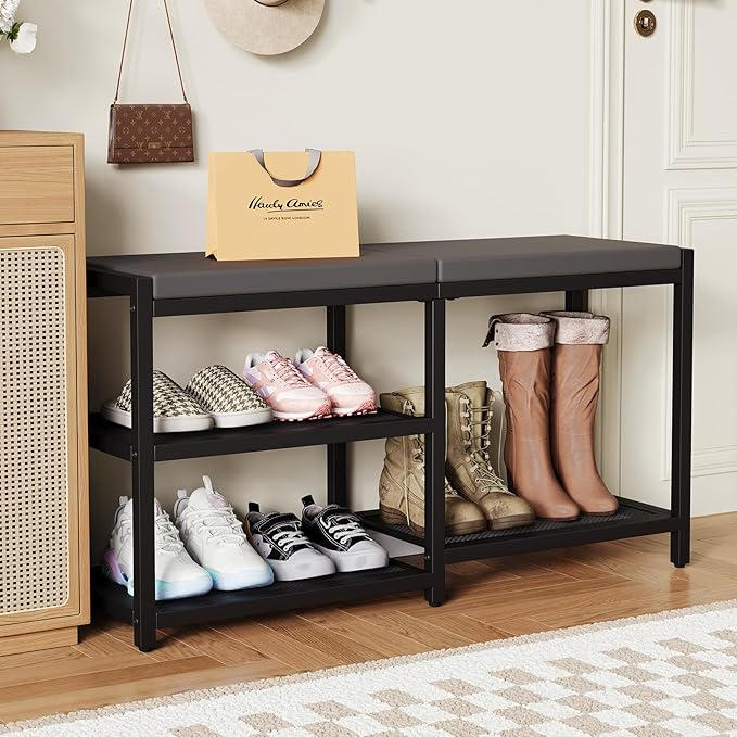 ZHOOGE Shoe Bench & Rack Storage Bench - Entryway Bench with Seat Cushion, Stable Organizer for Entryway & Living Room, Holds Up to 300 lb, (35" L x 12" W x 17" H, Black)