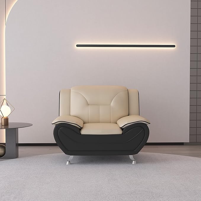 Container Furniture Direct Michael Modern Faux Leather Upholstered Stainless Steel Legs Living Room, Chair, Black Camel
