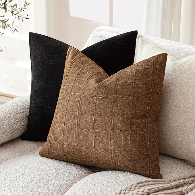 Foindtower Set of 2 Decorative Linen Check Throw Pillow Covers Neutral Farmhouse Vintage Cushion Covers Modern Boho Home Decor for Sofa Chair Couch Bedroom Living Room Outdoor,16×16 Inch,Brown Hazel
