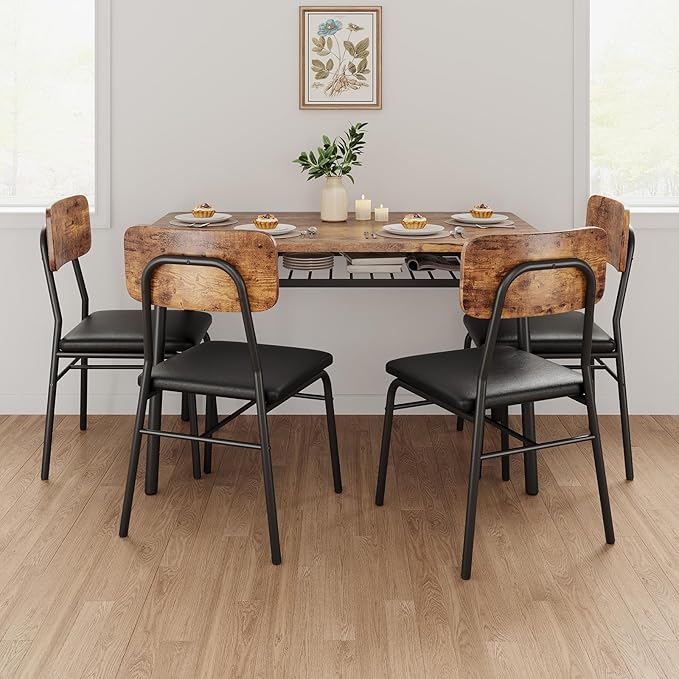 GAOMON 5-Piece Dining Table Set for 4, Wood Kitchen with Built-in Storage Rack,Small Kitchen Table with Upholstered Chairs and Metal Frame for Small Spaces, Retro Color