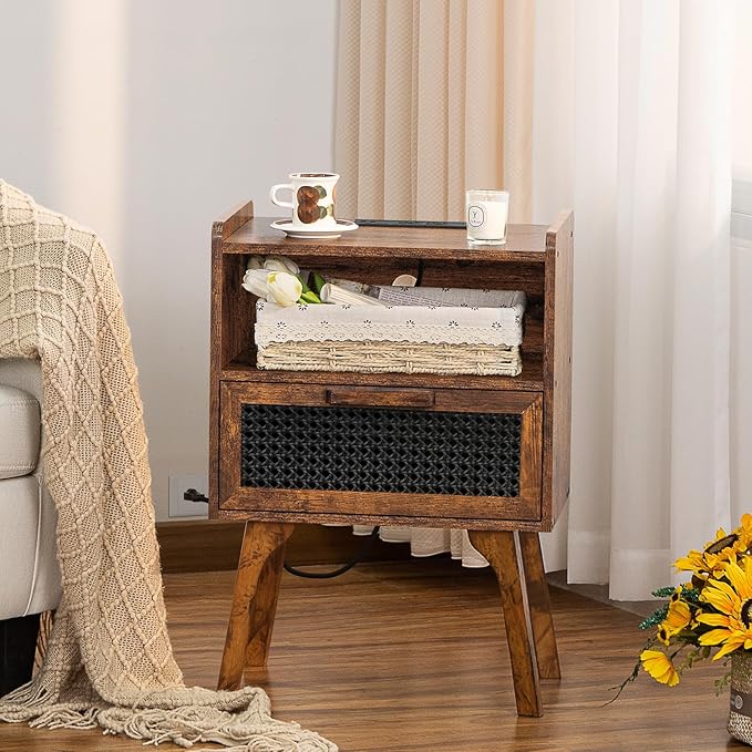 Lerliuo Rattan Nightstand with Charging Station, Side Table with Drawer Open Shelf, Cane Accent Bedside End Table with Solid Wood Legs, Night Stand for Bedroom, Dorm and Small Spaces (Brown)