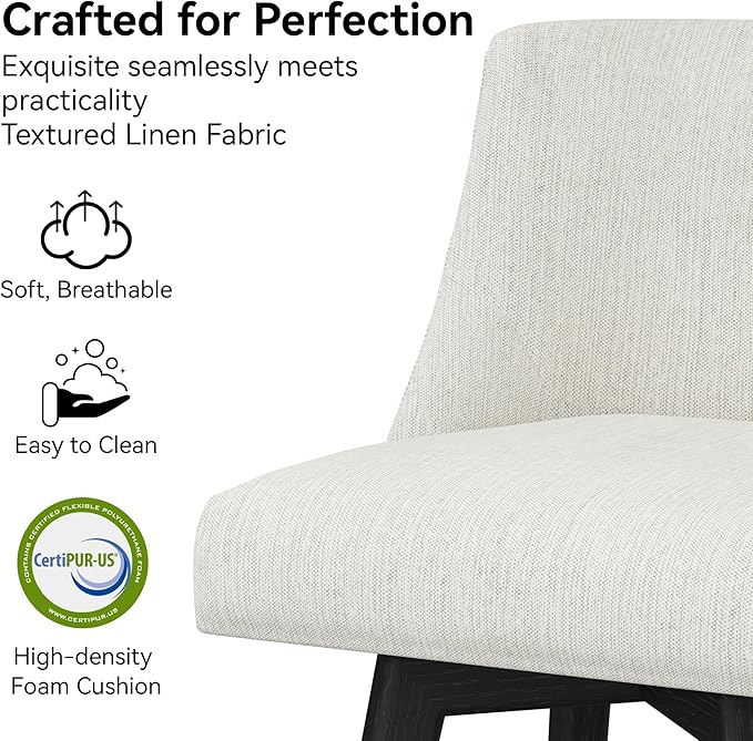 Counter Height Bar Stools Set of 3, Modern Swivel Barstools with Back and Wood Legs, Linen Fabric Upholstered Bar Chairs, 26" H Kitchen Counter Stools, Kitchen Island Home Bar, Ivory