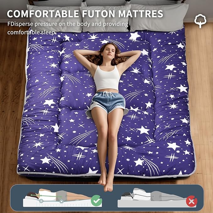 Japanese Floor Mattress,Roll Up Memory Foam Tatami Mat Easy to Store and Portable,Futon Mattress Suitable for Camping and Guest Room (Blue, Queen (80" X 60"))
