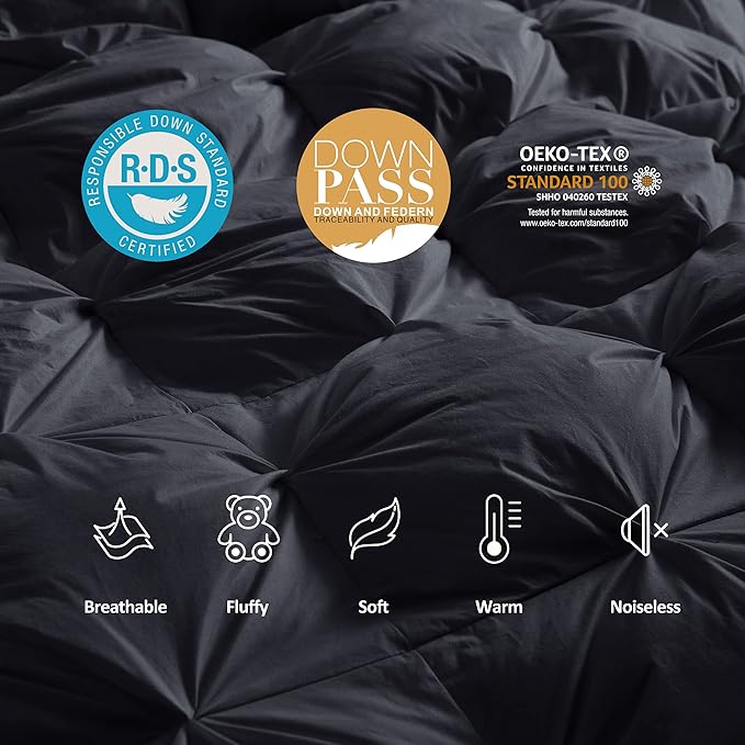 Luxurious All-Season Goose Down Feather Fiber Comforter Oversize Queen Duvet Insert (98x98), Exquisite Pinch Pleat Design- Black, Premium Baffle Box, 100% Egyptian Cotton Cover, 70 oz. Fill Weight