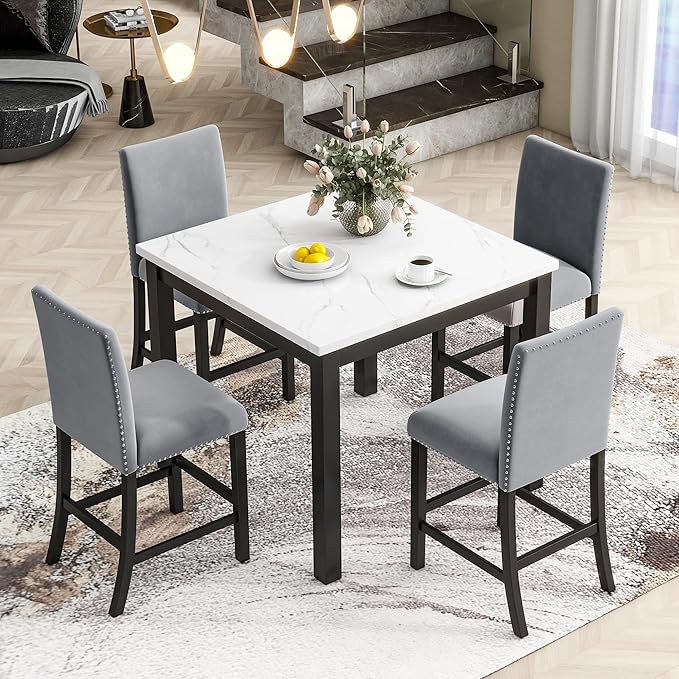 5 Pieces Dining Table Set with 35" Rectangle Faux Marble Top Table,Living Room Furniture W/ 4 Velvet-Upholstered Chairs,for Restaurant,Home Bistro,Gray