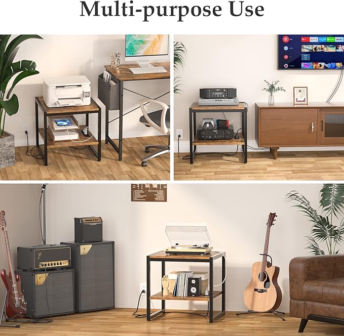 Homieasy End Table with Charging Station, 20 Inch Mini Fridge Stand with 2-Tier Open Shelf, Square Bedside Nightstand & Sofa Side Table for Living Room, Dorm, Office,Rustic Brown