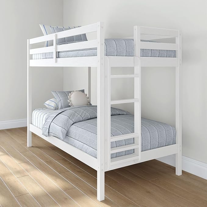 Grain & Grove Bear Twin Over Twin Bunk Bed, Sturdy Bunk Bed Frame for Kids, Plywood Bunk with Ladder, Guardrail, and Slats, No Box Spring Required, Brushed White