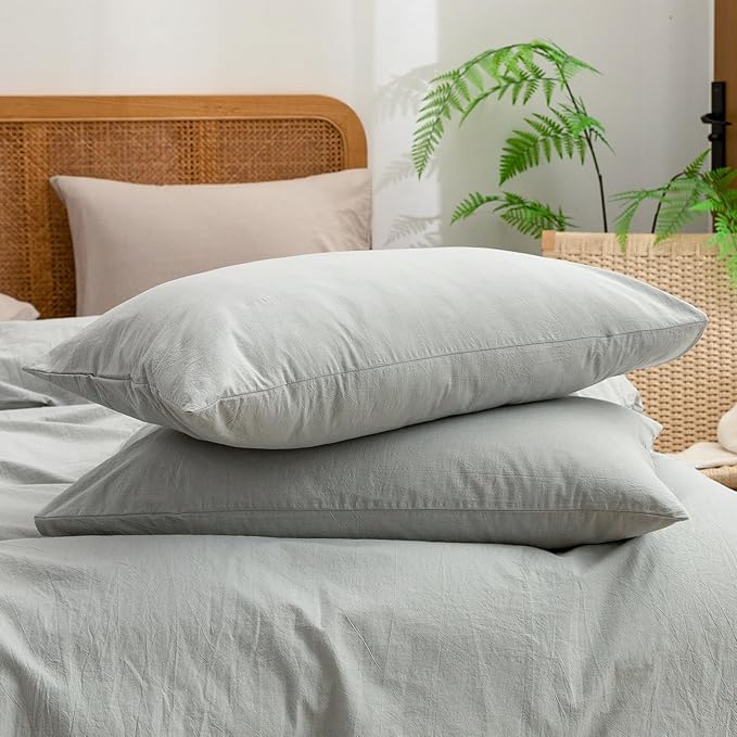 BESTOUCH Duvet Cover Set 100% Washed Cotton Linen Feel Super Soft Comfortable Chic Lightweight 3 PCs Home Bedding Set Solid Northern Droplet Grey Queen