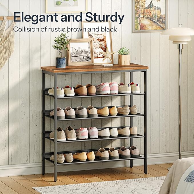 HOOBRO Shoe Rack for Entryway, 5-Tier Shoe Organizer with Adjustable Mesh Shelves, 16-20 Pairs of Shoes, Spacious Floor Mount, Metal, Industrial, Shoe Shelf for Closet, Rustic Brown BF12XJ01