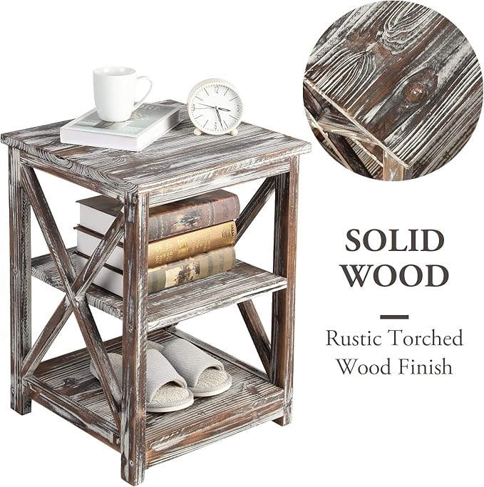MyGift 24 Inch Tall End Table, Rustic Torched Solid Wood Living Room Accent Side Table with 3 Tier Display Shelf, Wooden X Design Bedroom Nightstand Square Storage Shelves