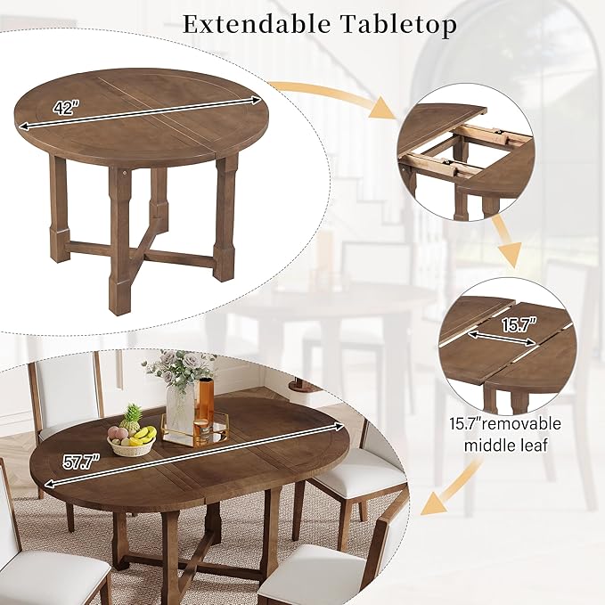 Ball & Cast Farmhouse 5 Pieces Dining Table Set with 4 Upholstered Chairs,Wooden Living Room Furniture for 4 W/ 57.7" Extendable Dining Table,Easy Assemble&Clean,for Dining Room,Bistro,Apartment,Brown