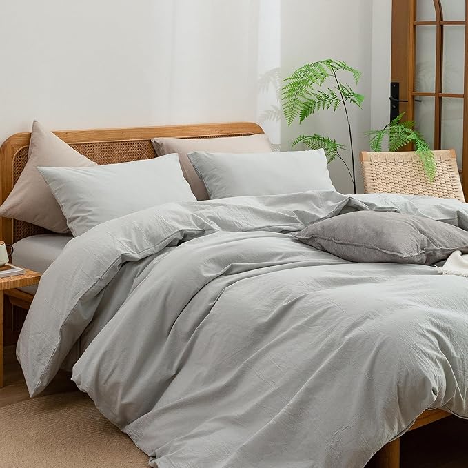 BESTOUCH Duvet Cover Set 100% Washed Cotton Linen Feel Super Soft Comfortable Chic Lightweight 3 PCs Home Bedding Set Solid Northern Droplet Grey Full/Double