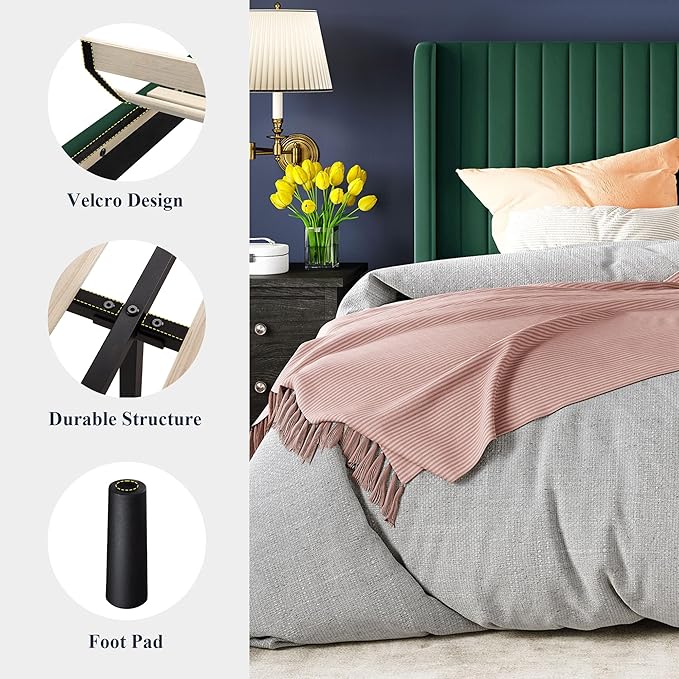 Allewie King Size Bed Frame/Velvet Upholstered Platform Bed/Vertical Channel Tufted Wingback Headboard/Strong Wooden Slats/No Box Spring Needed/Easy Assembly/Green