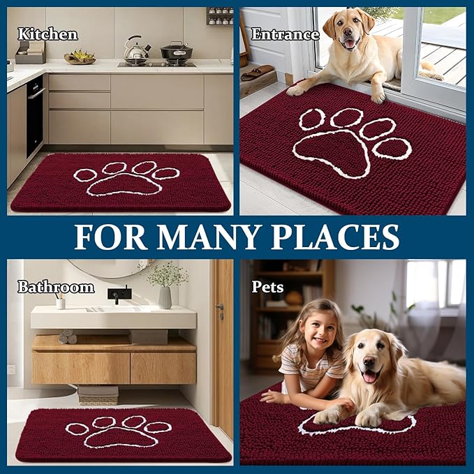 OLANLY Door Mat for Muddy Dog Paws 59x35, Ultra Absorbent Chenille Mud Doormat with Paw Print Design, Non-Slip Washable Doormat for Indoor Entryway, Quick-Dry Pet Bed Mats for Dirty Dogs, Burgundy