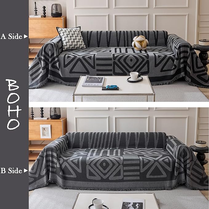HANDONTIME Boho Geometric Couch Covers for Sofa Pet Friendly Dark Grey and Black Sofa Covers Washable Chenille Couch Blanket Cover for 2 Cushion Couches Pet Protector Furniture Cover Soft, 71" X 102"