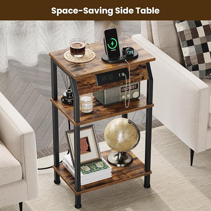 Tall Side Table with Storage, 3-Tier Small End Table with Charging Station, Narrow Bedside Table Stand, Space-Saving Nightstand for Living Room, Bedroom,Office, Rustic Brown