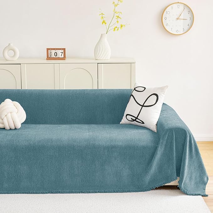 hyha Couch Cover for Dogs, Boho Sofa Covers for 3 Cushion Couch Washable, Chenille Sofa Slipcover for Pets, Soft Loveseat Sectional Couch Throw Blankets with Tassels (Blue, 71x150 Inch)