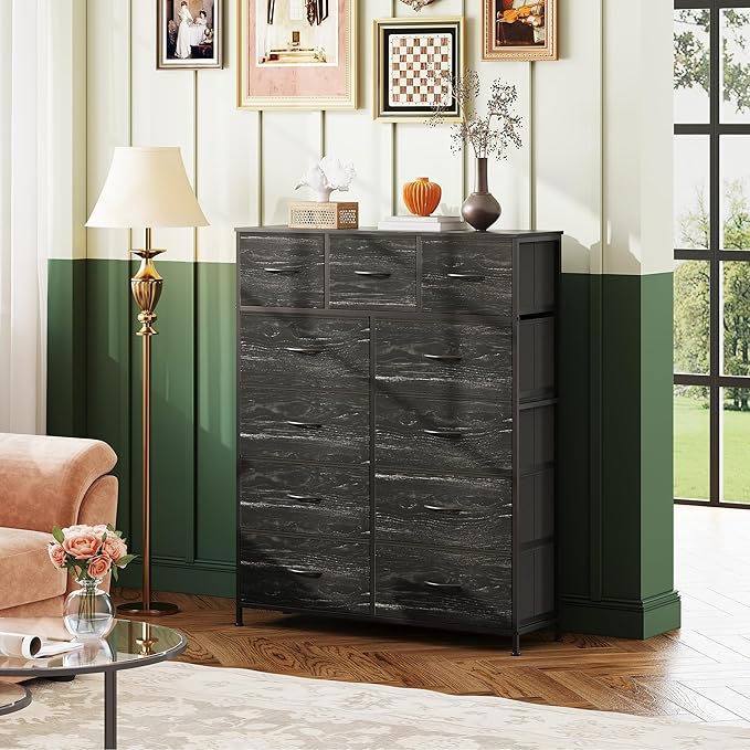 WLIVE Storage Organizer Unit with 11 Fabric Bins, Storage Drawers Organizer with Steel Frame, Tall Storage Tower Organizaton for Living Room, Hallway, Office, Charcoal Black Wood Grain Print