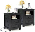 Vipbear Nightstand Set of 2, 18” Wide Farmhouse Night Stand with Charging Station for Bedroom, End Table with 2 Drawers Living Room Wood Sofa Side Table with Storage, Black