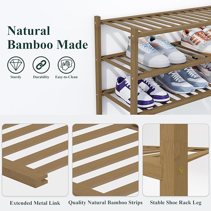 Smiry Shoe Rack, 4 Tier Thick Bamboo Shoe Organizer, Stackable Free Standing Wooden Shoe Storage Shelf for Closet, Entryway, Front Door Entrance, Walnut