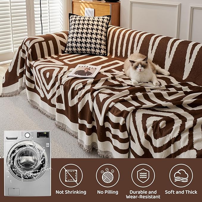 STACYPIK Boho Sofa Cover for Pet, Chocolate Geometric Couch Cover for Sectional, Washable L Shape Cover, Dog Couch Protector for 3 Cushion Couch, Non Slip Jacquard Sofa Silpcover with Tassles-71X150IN