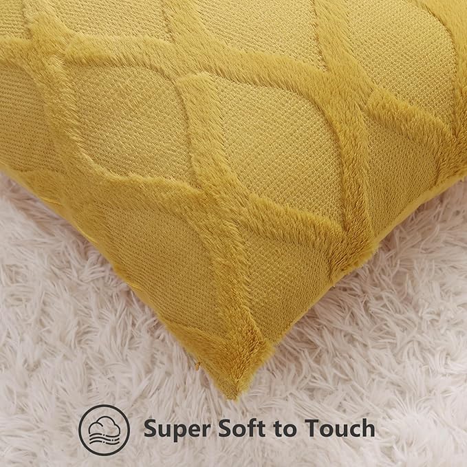 decorUhome Fall Throw Pillow Covers 12x20 Inch Set of 2, Soft Plush Faux Fur Wool Lumbar Mustard Yellow Couch Pillow Covers, Decorative Neutral Pillow Cases for Bed Sofa Living Room Home Decor