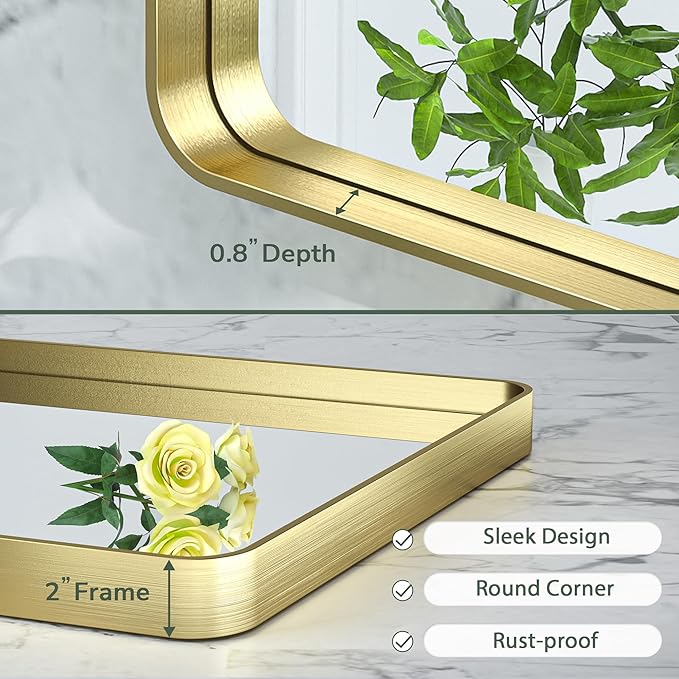TokeShimi 48x40 Inch Brushed Gold Bathroom Vanity Mirror for Wall with Non-Rusting Aluminum Alloy Metal Frame Rounded Corner for Farmhouse Modern Home Decor (Horizontal/Vertical)