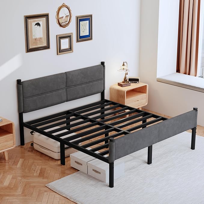 Metal Bed Frame,14Inch Queen Size Bed Frame with Storage Space,Heavy Duty Sturdy Mattress Foundation,Easy Assembly,No Box Spring Needed,Queen Grey