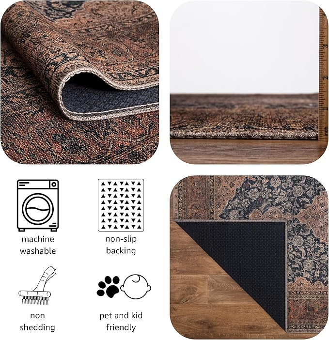 Keen Home Design 2x10 Rug - Machine Washable Runner Rug with Non-Slip Backing, Ideal for Hallway, Entryway, Kitchen, Laundry Room - Vintage, Easy Clean, Durable, Low Pile - (2'6" x 10')