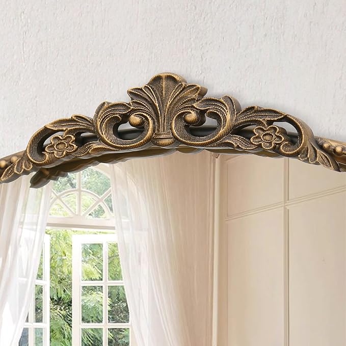 Micasso Antique Gold Ornate Mirror, 24 x 36 Inches Arched Baroque Style Mantel Wall Mirror for Bathroom, Vanity, Living Room
