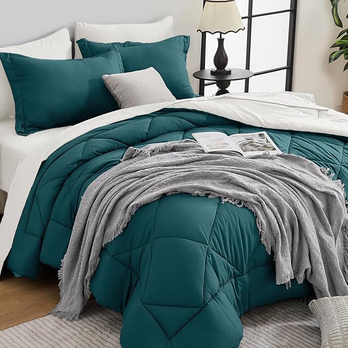 HEVUMYI Queen Comforter Set - 7-Piece All Season Bed in a Bag Queen, Ultra Soft Bedding Set with Comforter, Flat Sheet, Fitted Sheet, Pillowcases, Pillow Shams, Peacock Blue & Ivory
