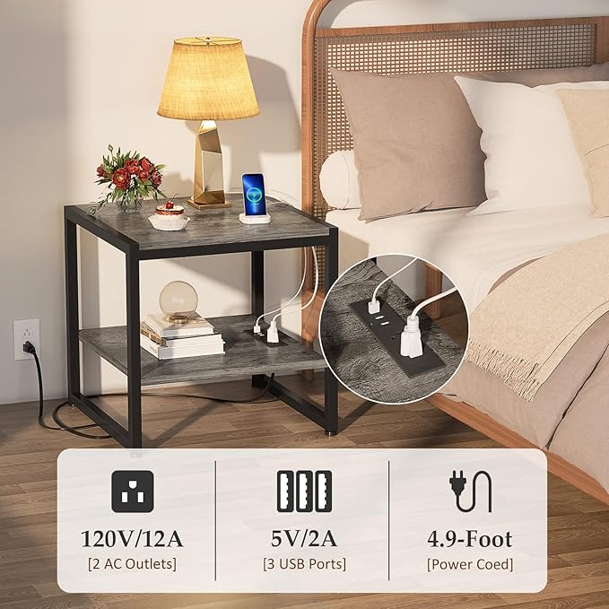Homieasy End Table with Charging Station, 20 Inch Mini Fridge Stand with 2-Tier Open Shelf, Square Bedside Nightstand & Sofa Side Table for Living Room, Dorm, Office,Black Oak