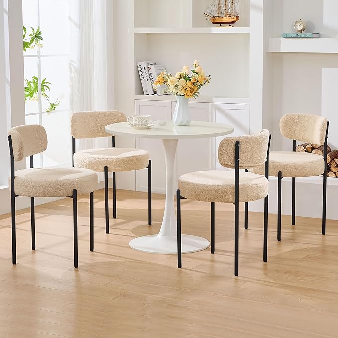 Boucle Dining Chairs, Kitchen Dining Room Chairs Curved Backrest Upholstered Mid Century Modern Dining Chairs (Beige, 2pcs)
