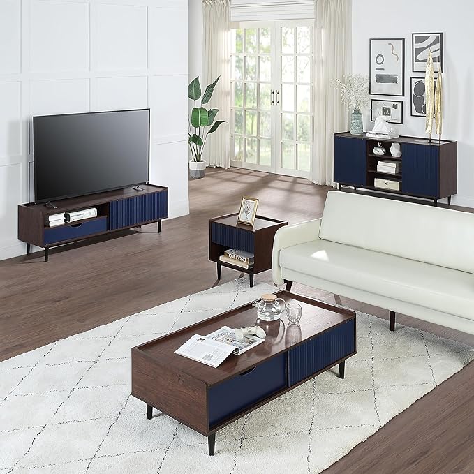 Manhattan Comfort Duane Mid Century Modern Coffee Table with Drawer & Cubby Shelf, Living Room Furniture with Ribbed Flat Design, Wood Grain Laminate Finish & Durable Iron Metal Feet, Navy Blue