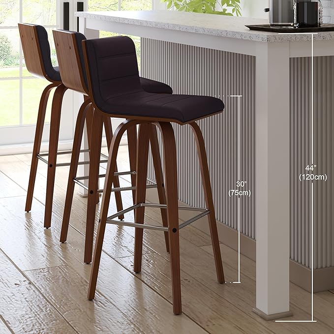 Vienna 30" Swivel Bar Stool in Walnut Wood Finish with Brown Faux Leather - Set of 3