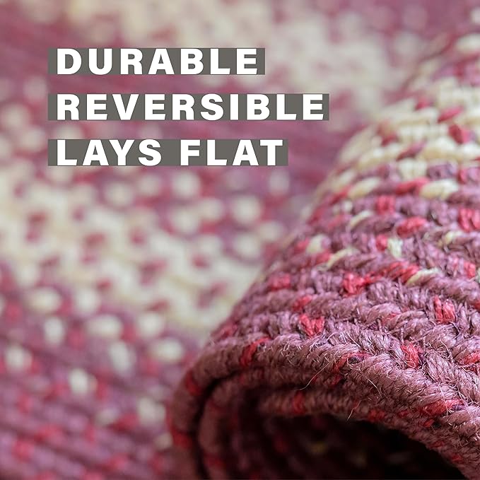 Autumn Maple Burgundy and Tan Braided Oval Rug, Jute, 4x6' - Rustic Primitive Decor for Entryway, Bedroom, Everywhere