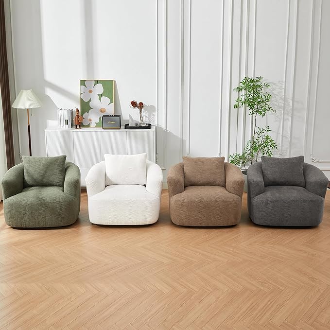 Merax Modern 360° Chenille Swivel Barrel Chair with A Throw Pillow & Armrest, Upholstered Cozy Single Round Sofa with Deep Seating for Living Room Bedroom,Office, Hotel, Easy Assemble, Grey