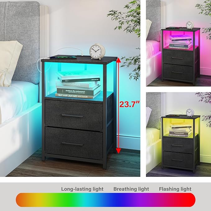 TUTOTAK LED End Table with Charging Station, Night Stand, Side Table with 2 USB Ports and Outlets, Nightstand with Cloth Drawer, Bedside Table for Livingroom, Bedroom Black TB01BK088L