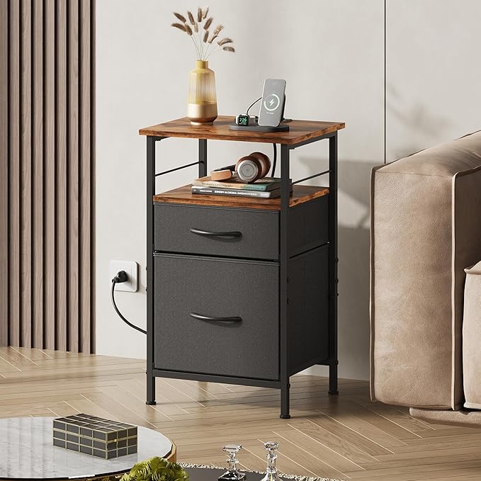 WLIVE Nightstand with Charging Station, Night Stand with 2 Fabric Drawers, Bedside Table, Small Dresser for Bedroom, Side Table with USB Ports and Outlets, Black and Rustic Brown
