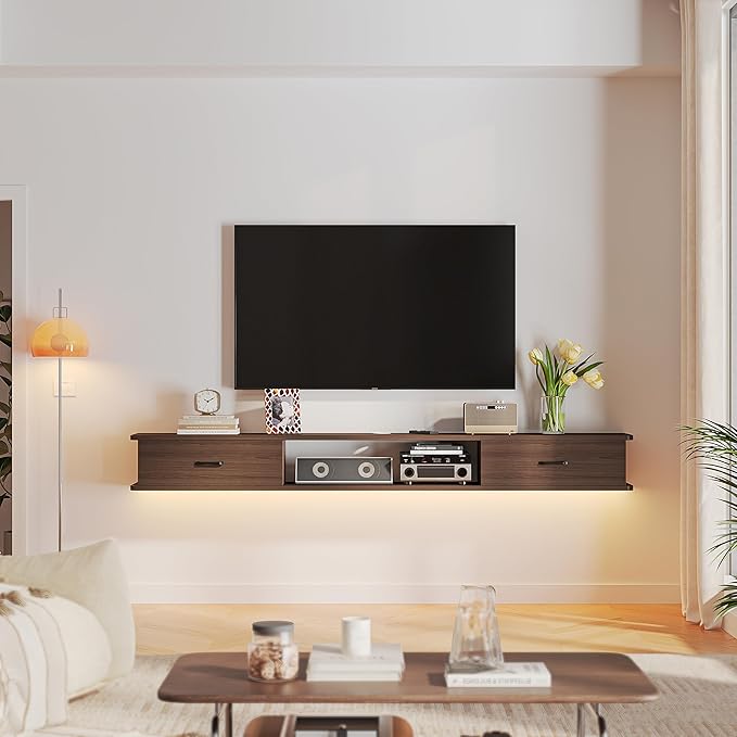 Floating TV Stand with 2 Doors,70'' Wall-Mounted TV Console,Floating TV Cabinet,Floating Console Shelf,Wall Mounted TV Cabinet(Walnut)