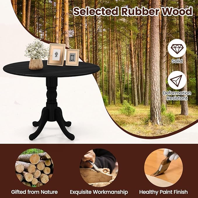 COSTWAY Round Dining Table for 4, 39 inch Kitchen Table with Solid Rubber Wood Frame, Adjustable Foot Pads, Curved Trestle Legs, Mid Century Rustic Dinning Table for Living Room, Black
