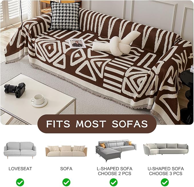 STACYPIK Boho Chenille Sofa Covers, Chocolate Geometric Couch Cover for Sectional, L Shape Couch Protector for 3 Cushion Couch, Non Slip Jacquard Sofa Protector for Loveseat with Tassles-71X118IN