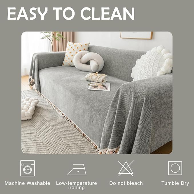 HANDONTIME Couch Slipcovers for Sofas - Dark Grey Couch Cover - Dog-Friendly Boho Pet Protector with Chenille Herringbone Pattern, 91" x 118" (2-3 Seat)