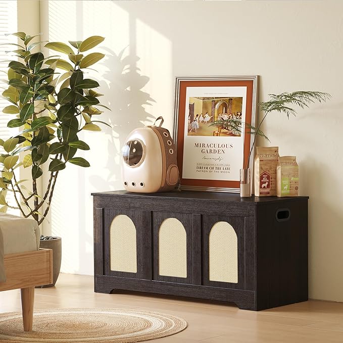 DINZI LVJ Storage Chest, 39.4" Rattan-Like Storage Box with 2 Safety Hinges, Wooden Entryway Shoe Bench with Flip-Top, Bedroom, Easy Assembly, Espresso and Natural