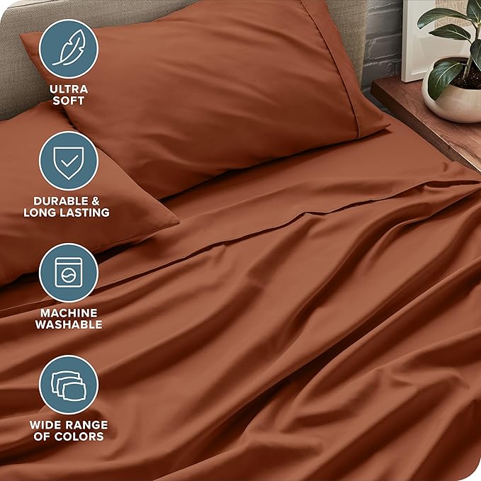 Bare Home Twin XL Sheet Set - 1800 Ultra-Soft Microfiber Twin Extra Long Sheets - Double Brushed - Deep Pockets - Easy Fit - Extra Soft - 3 Piece Set - Bed Sheets & Pillowcases (Twin XL, Terracotta)