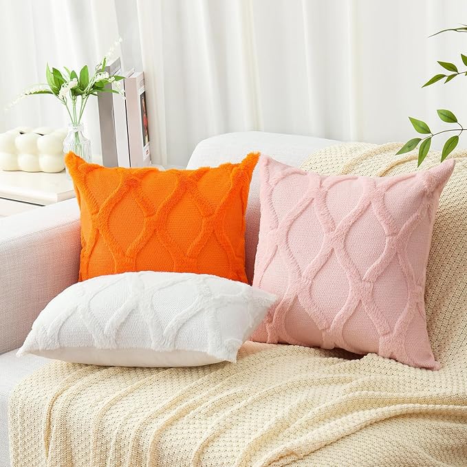 decorUhome Fall Throw Pillow Covers 26x26 Inch Set of 2, Soft Plush Faux Fur Wool Orange Couch Pillow Covers, Decorative Neutral Pillow Cases for Bed Sofa Living Room Home Decor