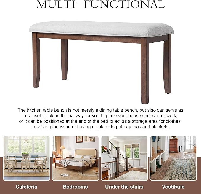Merax Upholstered Dining Bench, with Padded Seat and Solid Wood Leg for Kitchen Bedroom, Living Room, Indoor, Entryway, Hallway, End of Bed, Cherry+Beige